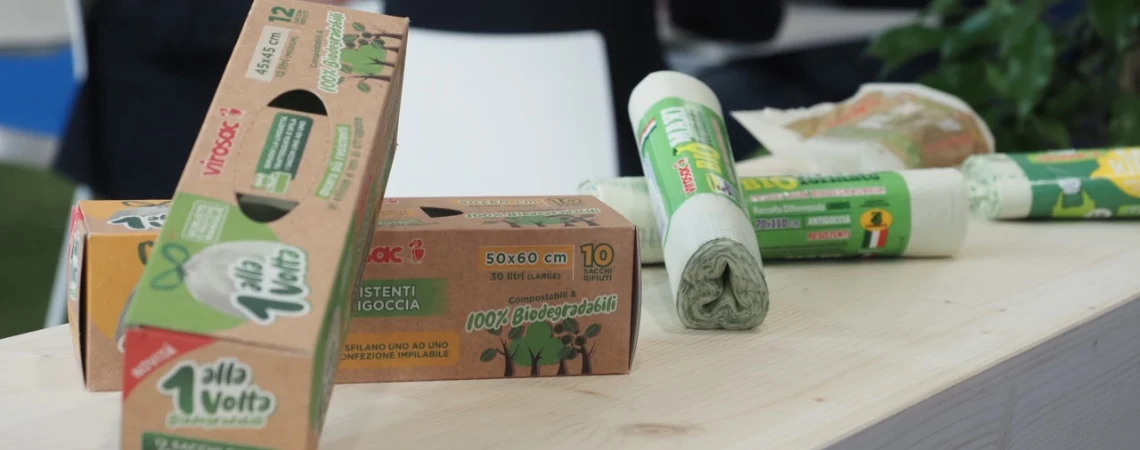 Sustainable household-product packaging arranged on a display in the official Marca Tech image.