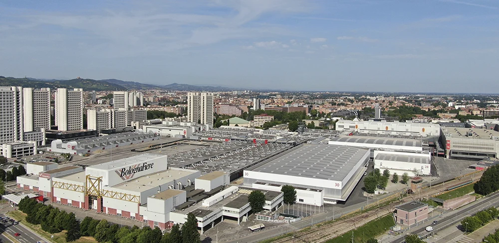 Aerial view of the BolognaFiere exhibition district in Bologna, Italy.