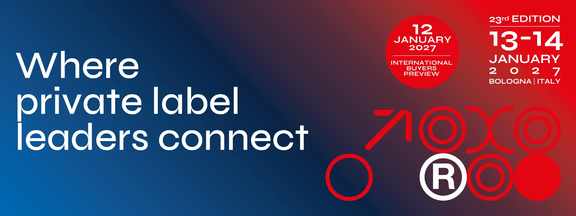 Official MARCA 2027 visual with a blue-to-red field, the statement Where private label leaders connect, and dates for the Buyers Preview and trade show.