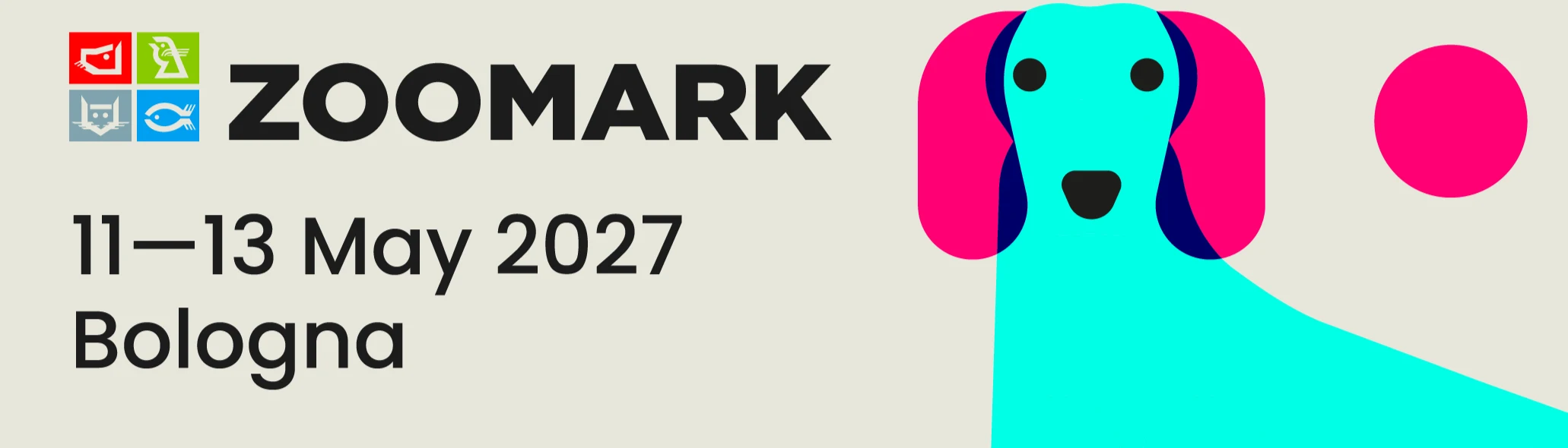 Turquoise geometric dog from the official Zoomark 2027 visual identity